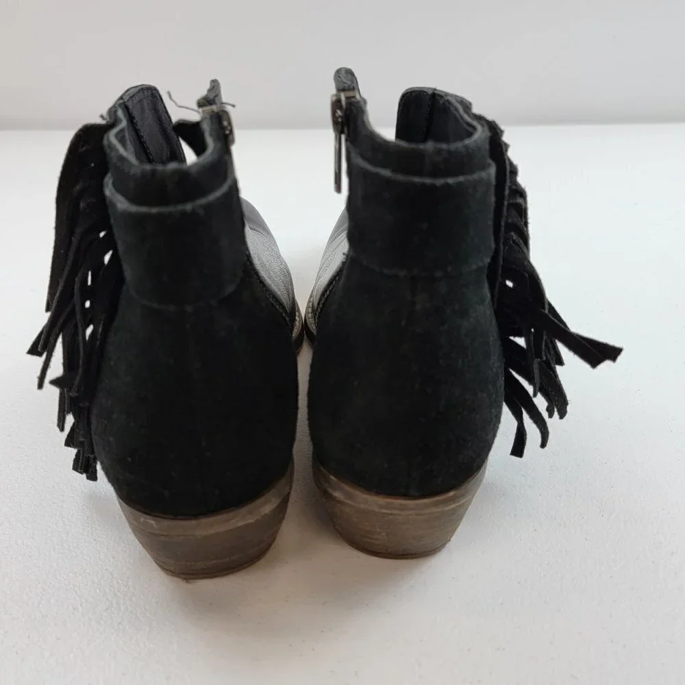 DIBA True Black Leather Fringe Bootie Women's 7.5 Block Heel 2
